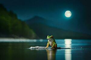 a frog sitting on the water at night with a full moon. AI-Generated photo