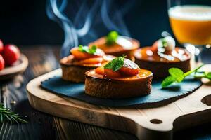 small cakes with tomato sauce and mint leaves on a wooden board. AI-Generated photo