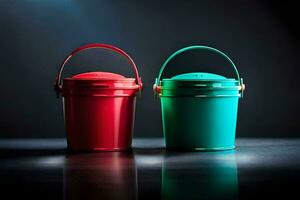 two colorful buckets sit side by side on a dark surface. AI-Generated photo