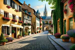 a street in france with colorful buildings and flowers. AI-Generated photo