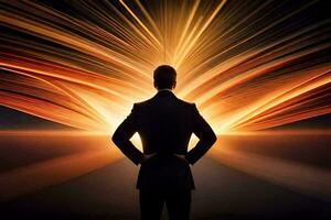 a man in a suit standing in front of a bright light. AI-Generated photo