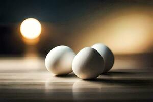 three eggs on a table with a light in the background. AI-Generated photo