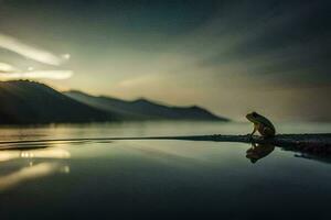 a frog sitting on the edge of a lake at sunset. AI-Generated photo