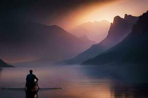 un hombre en un canoa en un lago a puesta de sol. generado por ai foto