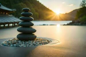 a stack of rocks sitting on the beach at sunset. AI-Generated photo