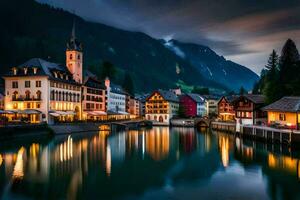 photo wallpaper the sky, mountains, water, town, lake, mountains, town, lake,. AI-Generated