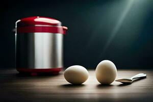 two eggs sit next to a red canister. AI-Generated photo