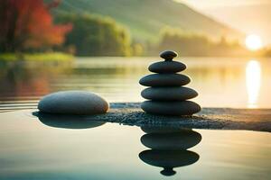 un apilar de piedras sentado en el agua en frente de un montaña. generado por ai foto