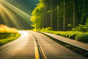 un largo la carretera con arboles y rayos de sol generado por ai foto