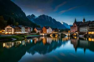 el pueblo de Altenburg en el Alpes a oscuridad. generado por ai foto