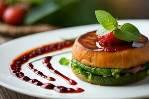 a plate with a sandwich and sauce on it. AI-Generated photo