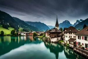 a lake and a mountain village in the swiss alps. AI-Generated photo