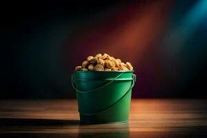 a bucket of peanuts on a table. AI-Generated photo