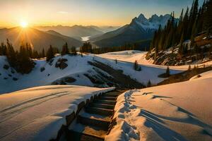 the sun rises over a snowy mountain range with steps leading up to it. AI-Generated photo