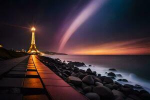 el eiffel torre a noche con un arcoíris. generado por ai foto