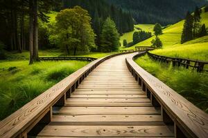 a wooden walkway leads to a green field. AI-Generated photo