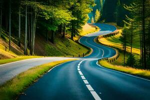 un devanado la carretera en el bosque. generado por ai foto