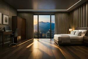 a modern bedroom with a view of the mountains. AI-Generated photo