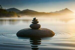 a stack of stones sits on top of a rock in the water. AI-Generated photo