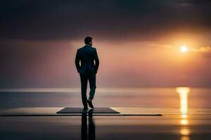 un hombre en un traje en pie en un muelle a puesta de sol. generado por ai foto