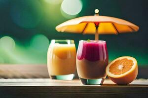 two glasses of juice with an umbrella on a table. AI-Generated photo