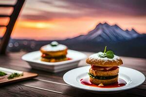 two plates with food on top of a table with mountains in the background. AI-Generated photo