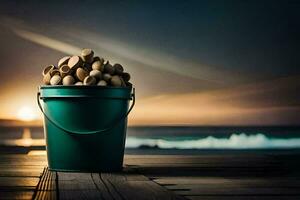 a bucket of nuts on a wooden table. AI-Generated photo