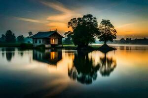 a house sits on the edge of a lake at sunset. AI-Generated photo