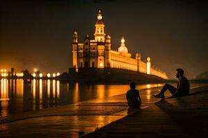 dos personas sentado en el borde de un muelle a noche con un grande edificio en el antecedentes. generado por ai foto