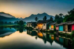 colorful houses on the banks of a river at sunset. AI-Generated photo