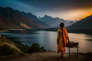 a woman in orange robes stands on the edge of a cliff overlooking a lake and mountains. AI-Generated photo