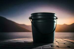 a black bucket sitting on a dock at sunset. AI-Generated photo