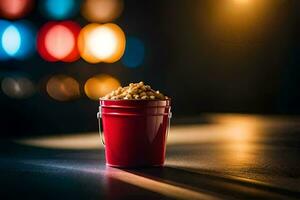 un Cubeta de palomitas de maiz en un mesa en frente de un borroso antecedentes. generado por ai foto