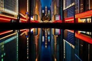 un ciudad a noche con edificios reflejado en un charco. generado por ai foto