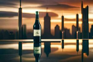 a bottle of wine sitting on a table in front of a city skyline. AI-Generated photo