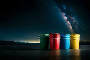 colorful buckets sit on the ground in front of a dark sky. AI-Generated photo