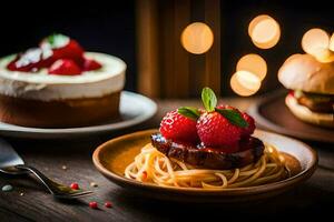 a plate of spaghetti with strawberries and a burger on a wooden table. AI-Generated photo