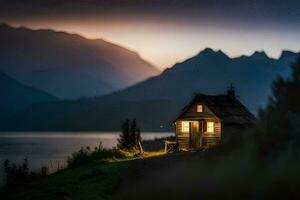 un pequeño cabina se sienta en el lado de un montaña a oscuridad. generado por ai foto