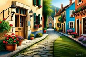 a painting of a street with flowers and potted plants. AI-Generated photo