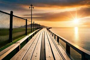 a wooden boardwalk leads to the ocean at sunset. AI-Generated photo