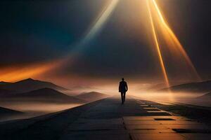 a man walks down a road in the fog with a bright light shining down. AI-Generated photo