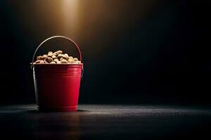 a red bucket filled with peanuts on a dark background. AI-Generated photo