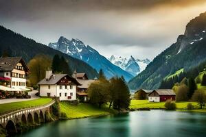 photo wallpaper mountains, the sky, water, house, lake, house, the mountains, the. AI-Generated