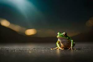 a frog sitting on the ground in front of a blurry background. AI-Generated photo