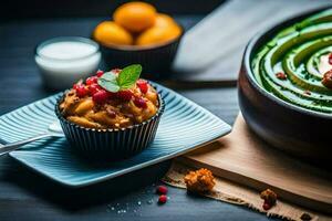 a cupcake with fruit and a bowl of milk. AI-Generated photo