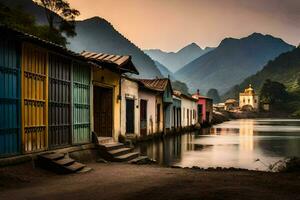 colorful houses line the banks of a river in the mountains. AI-Generated photo