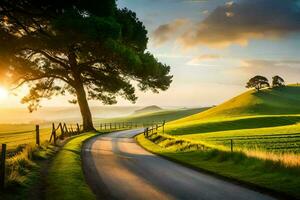a country road with trees and grass in the background. AI-Generated photo
