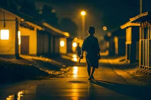 un hombre caminando abajo un oscuro callejón a noche. generado por ai foto