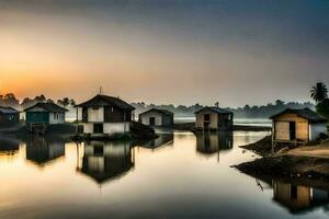 a small village of houses on the shore of a lake. AI-Generated photo