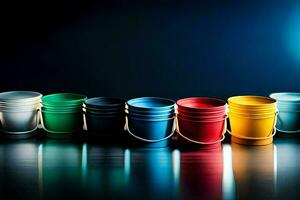 a row of colorful buckets on a dark background. AI-Generated photo